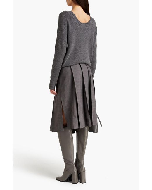 Brunello Cucinelli Gray Pleated Bead-embellished Wool-blend Skirt