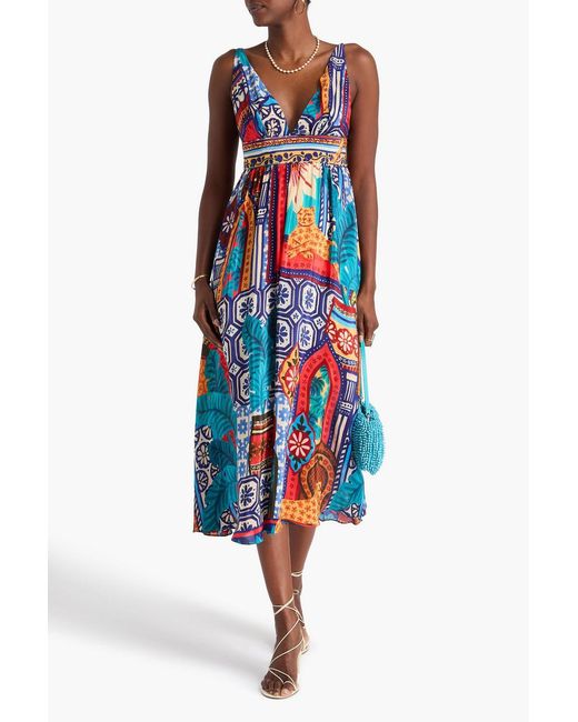 Farm Rio White Printed Crepe De Chine Midi Dress