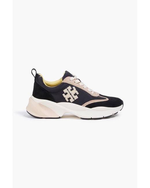 Tory Burch Black Good Luck Color-Block Shell, Leather And Suede Sneakers