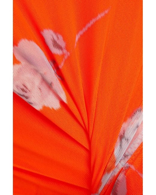 Ganni Orange Floral-print Stretch-mesh Turtleneck Top