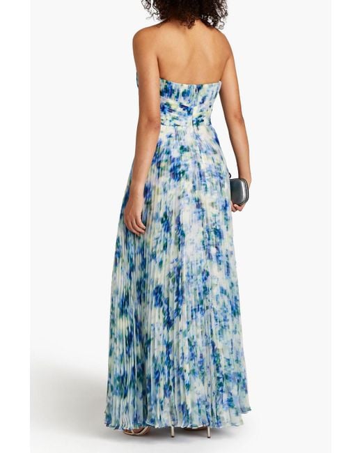 THEIA Blue Ingrid Strapless Pleated Printed Organza Gown
