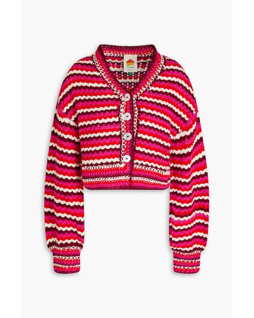 Farm Rio Red Cropped Striped Crochet-knit Cardigan