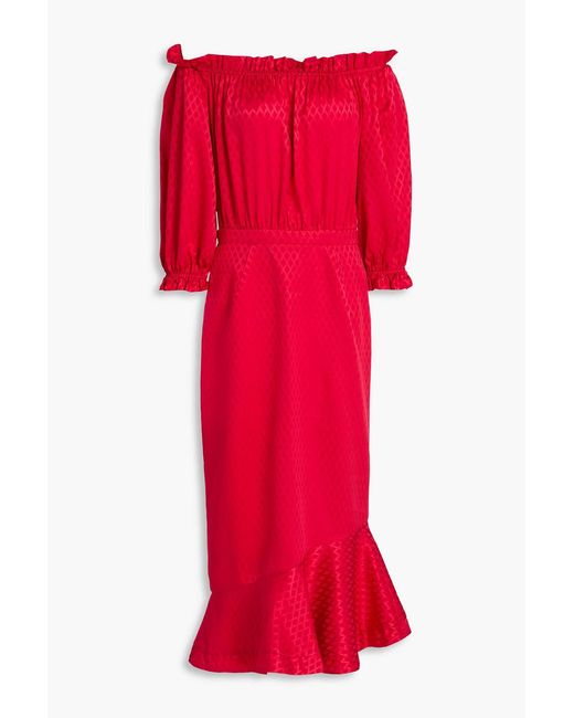 Saloni Red Grace Off-the-shoulder Silk-satin Jacquard Midi Dress