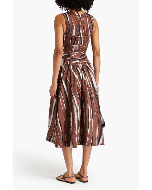 Aje. Brown Gabrielle Pleated Printed Linen-blend Midi Dress