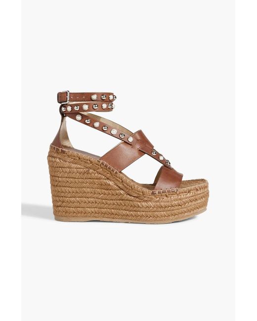 Jimmy Choo Brown Danica 110 Studded Leather Espadrille Wedge Sandals
