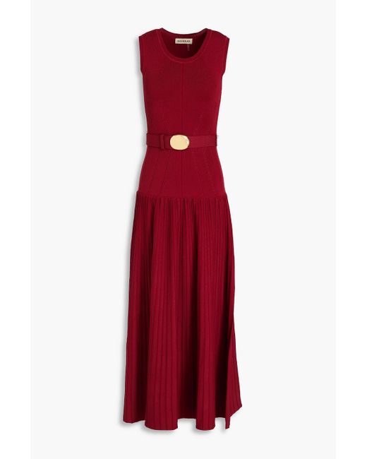 Nicholas Red Madison Belted Ribbed-knit Midi Dress