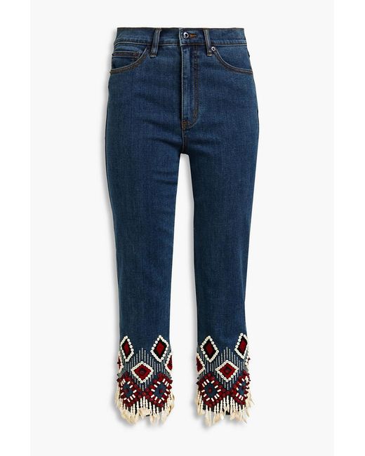 Tory Burch Blue Embellished High-rise Straight-leg Jeans