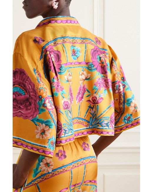 LaDoubleJ Orange Sunset Cropped Floral-Print Silk-Twill Shirt