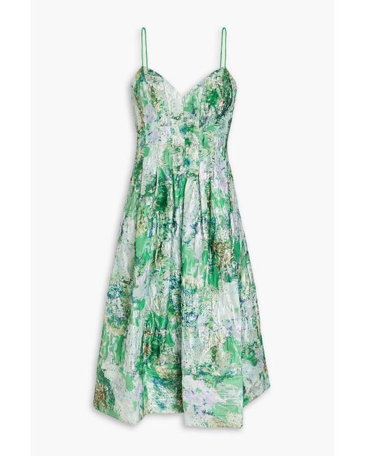ML Monique Lhuillier Green Lakes Floral-print Cloqué Midi Dress
