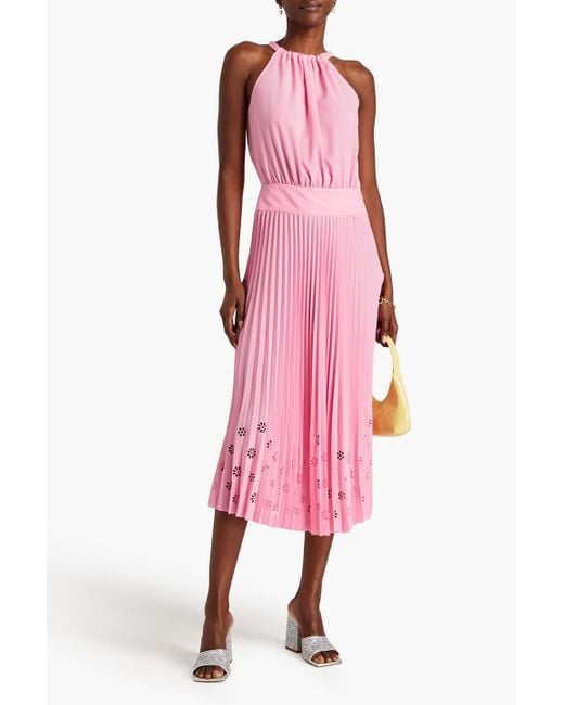 Boutique Moschino Pink Laser-cut Pleated Crepe De Chine Midi Dress