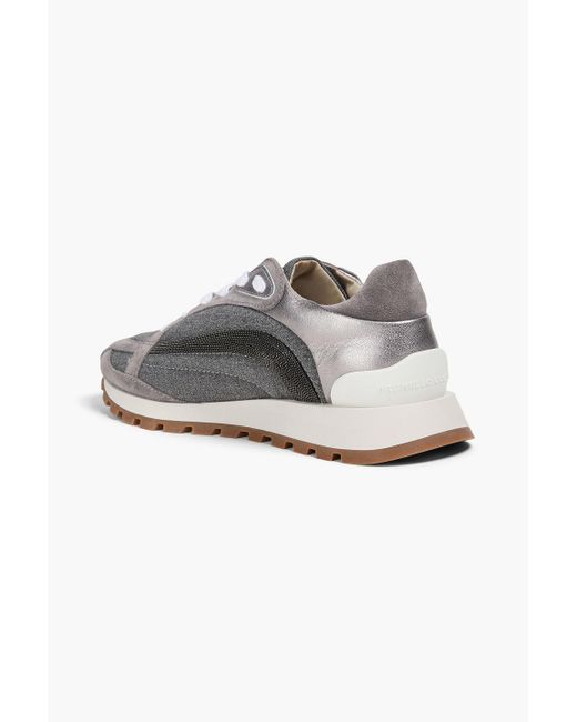 Brunello Cucinelli Gray Bead-Embellished Metallic Leather, Suede And Wool Sneakers