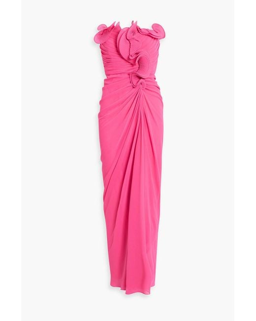 Badgley Mischka Pink Strapless Ruffled Chiffon Gown