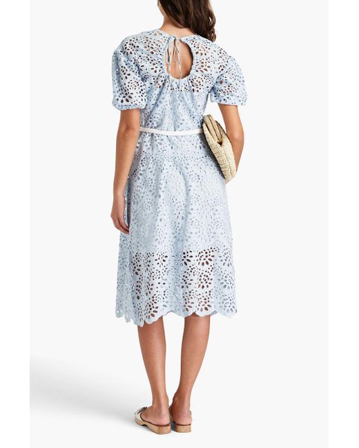 Maje Blue Belted Broderie Anglaise Cotton Midi Dress