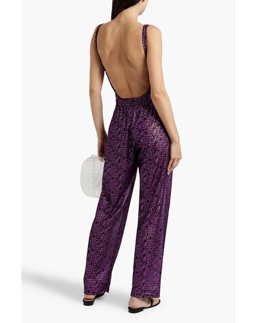 Versace Purple Metallic Logo-print Crepe Pants