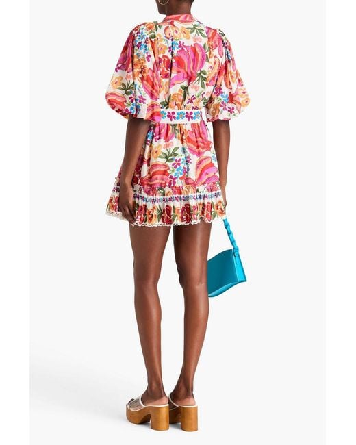 Farm Rio Red Belted Floral-print Cotton-blend Mini Dress