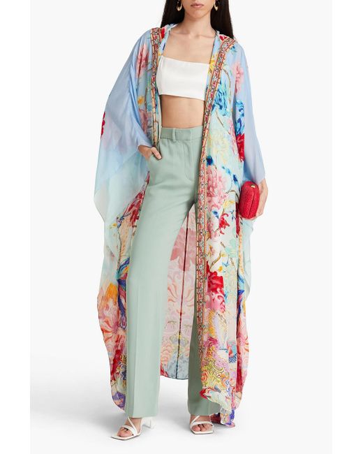 Camilla White Crystal-embellished Floral-print Silk Crepe De Chine Kimono