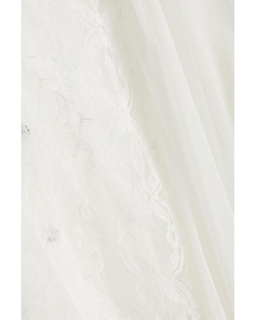 Alberta Ferretti White Tie-front Layered Silk-voile And Corded Lace Blouse