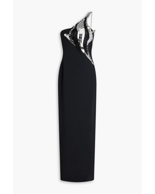 David Koma Black One-Shoulder Embellished Crepe Gown
