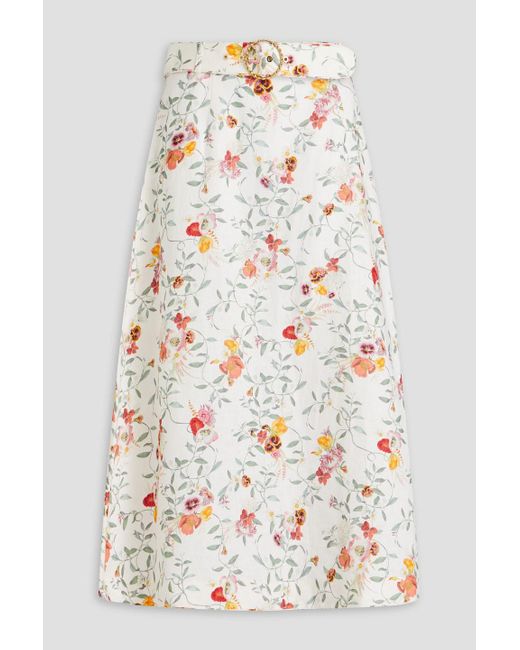 Zimmermann White Belted Floral-print Linen Midi Skirt