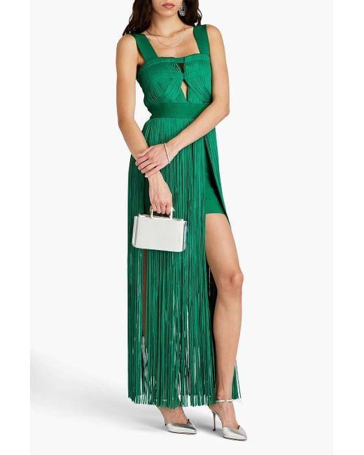 Hervé Léger Green Cutout Fringed Ponte Gown