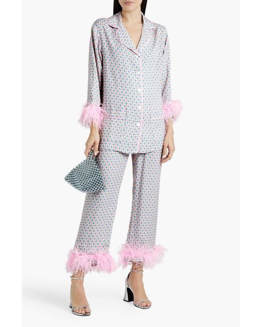 Sleeper White Party Feather-trimmed Printed Twill Pajama Set