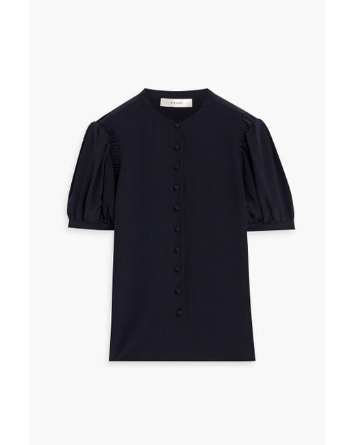 FRAME Blue Gathered Silk Crepe De Chine Top