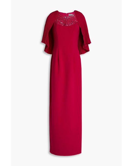 THEIA Red Cape-effect Embellished Crepe Gown