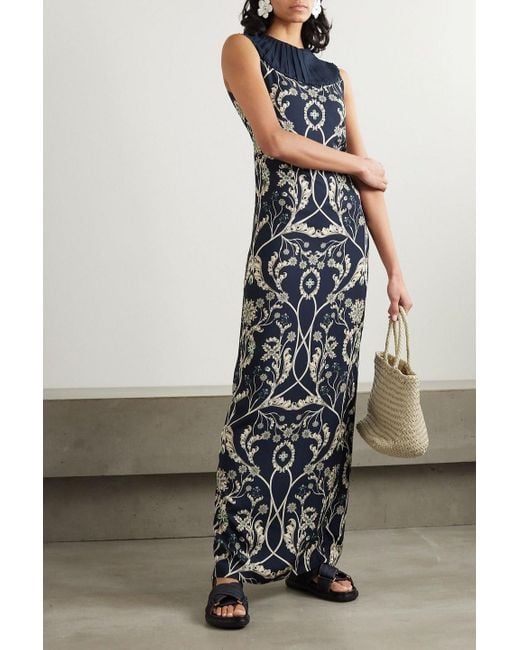 Agua Bendita Blue Espinela maxikleid aus bedrucktem twill mit recycelten fasern, verzierungen und falten