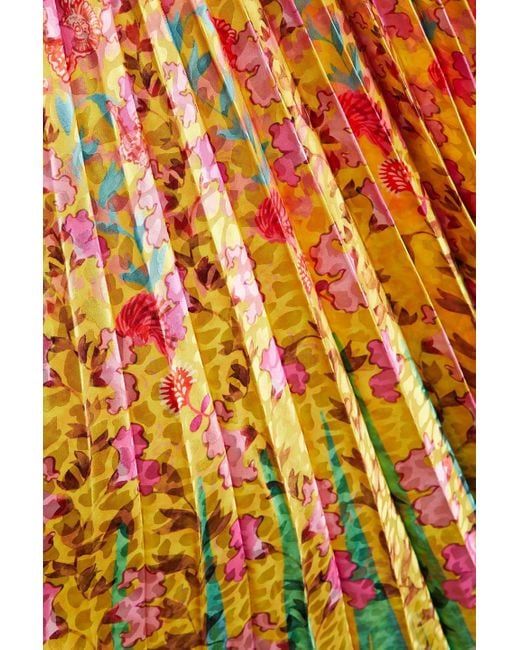Saloni Metallic Fleur Pleated Printed Satin-jacquard Midi Dress