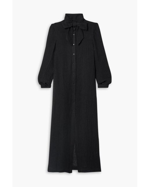 Lisa Marie Fernandez Black Pussy-bow Crinkled Linen-blend Gauze Maxi Dress