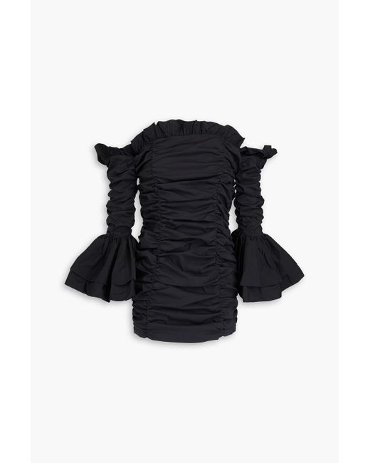 ROTATE BIRGER CHRISTENSEN Black Schulterfreies minikleid aus popeline aus einer baumwollmischung mit rüschen