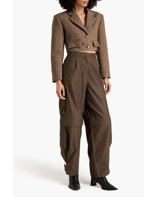 Sandro Brown Cropped Herringbone Wool-blend Blazer