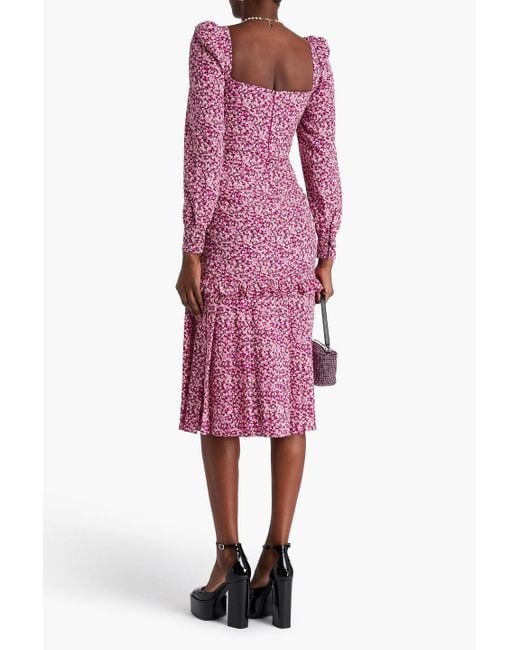 Alessandra Rich Purple Bow-detailed Ruched Floral-print Silk Crepe De Chine Midi Dress