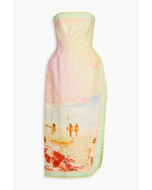 Zimmermann White Strapless Shell-embellished Printed Cotton And Linen-blend Midi Dress