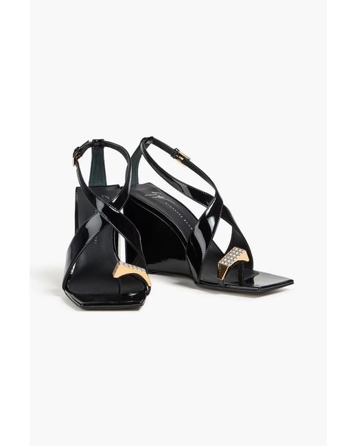 Giuseppe Zanotti Black Nihao Crystal-embellished Patent-leather Wedge Sandals