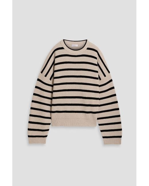 Brunello Cucinelli White Bead-Embellished Striped Ribbed Cashmere Sweater