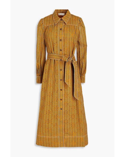 Tory Burch Yellow Kariertes hemdkleid aus baumwolle mit lochstickerei in midilänge