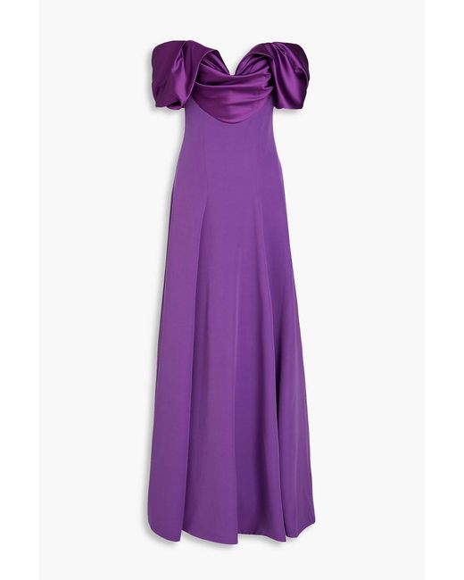 Rhea Costa Purple Kylie Off-the-shoulder Satin-trimmed Crepe Gown