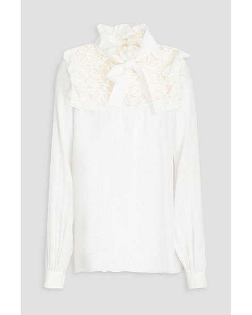Elie Saab White Pussy-bow Corded Lace-paneled Silk-blend Crepe De Chine Blouse