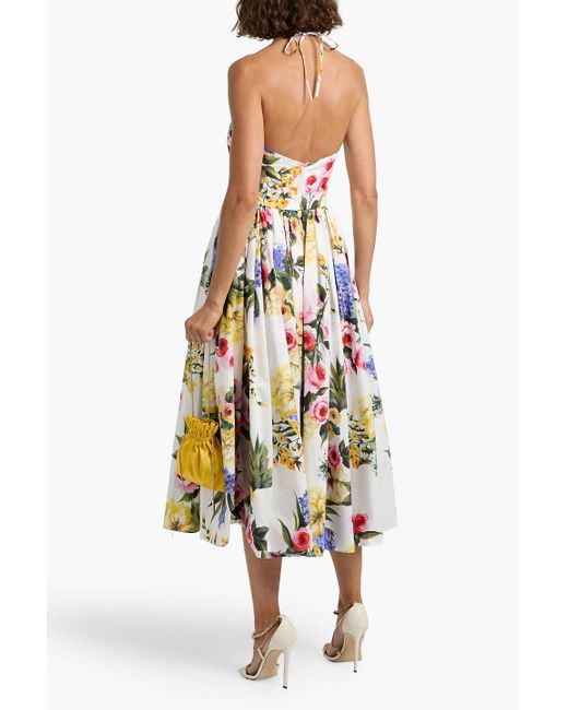 Dolce & Gabbana White Floral-Print Cotton-Poplin Halterneck Midi Dress