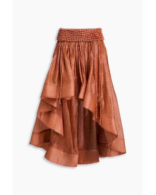 Zimmermann Orange Asymmetric Shell-embellished Linen And Silk-blend Maxi Skirt