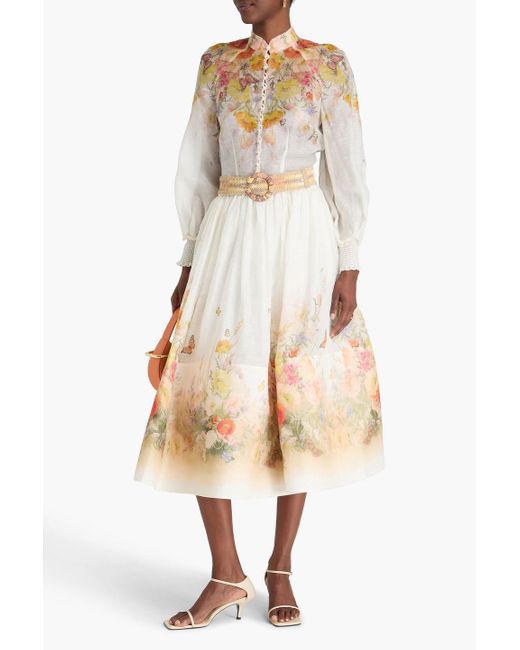 Zimmermann Natural Floral-Print Linen And Silk-Blend Midi Skirt