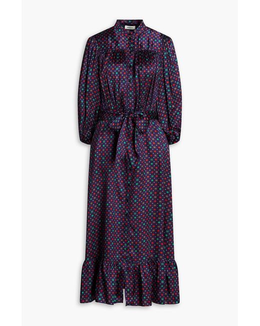 Sandro Purple Gathered Printed Satin-twill Midi Dress