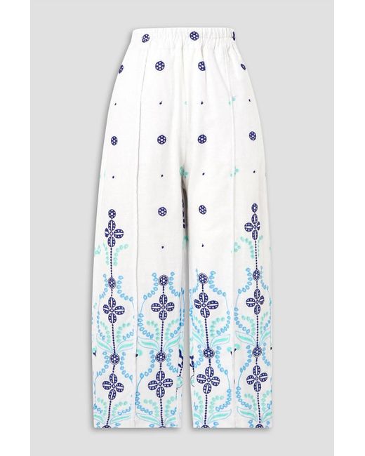 Charo Ruiz Blue Lya Cropped Broderie Anglaise Cotton-blend Wide-leg Pants