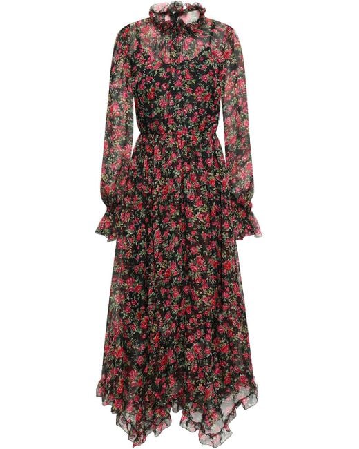 Dolce & Gabbana Purple Ruffle-trimmed Gathered Floral-print Silk-chiffon Midi Dress