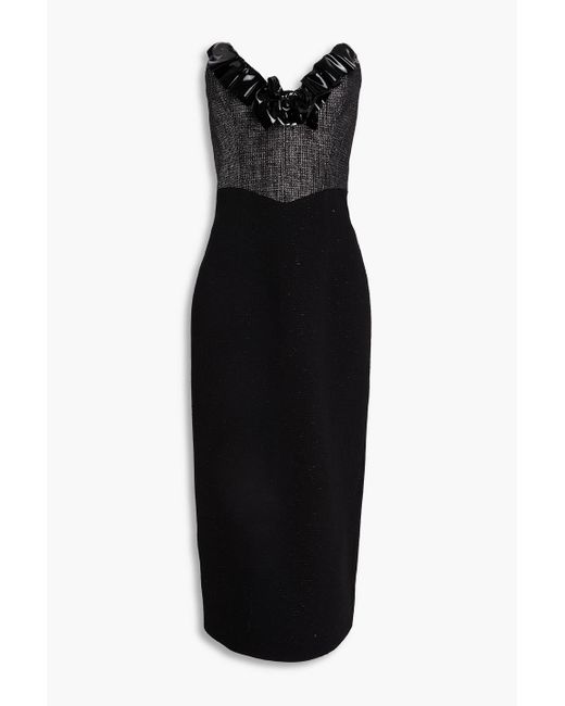 Alessandra Rich Black Strapless Ruffled Vinyl And Metallic Tweed Midi Dress
