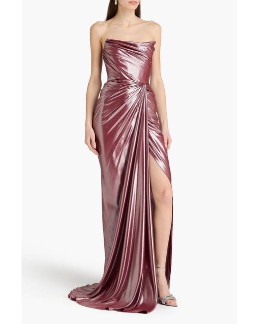 Rhea Costa Red Strapless Draped Lamé Gown