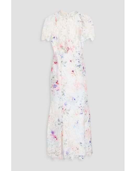 ML Monique Lhuillier White Fluted Floral-print Guipure Lace Midi Dress