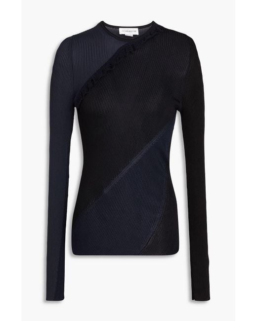 Victoria Beckham Blue Ruffled Ribbed-knit Sweater