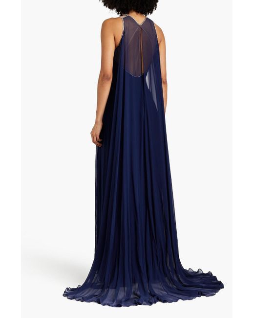 Jenny Packham Blue Cape-effect Crystal-embellished Crepe And Chiffon Gown